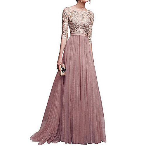 

A-Line Empire Wedding Guest Prom Dress Jewel Neck 3/4 Length Sleeve Sweep / Brush Train Lace Tulle Polyester with Pleats Lace Insert 2021