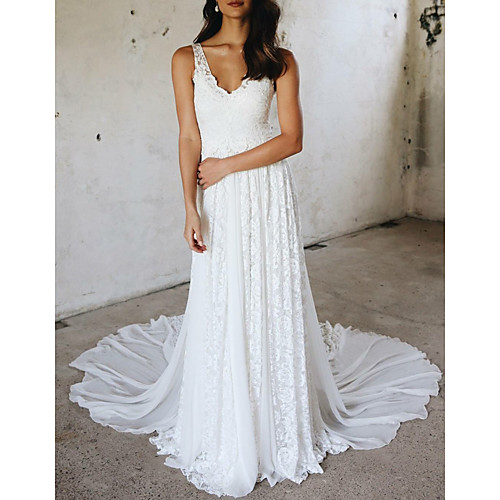 

A-Line Wedding Dresses V Neck Court Train Chiffon Lace Spaghetti Strap Simple Plus Size with Lace Insert 2021