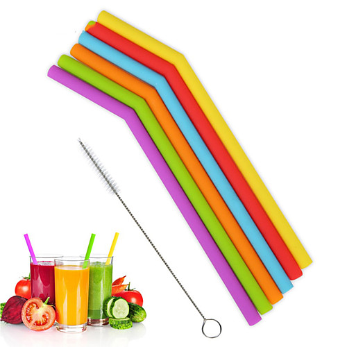 

6pcs Reusable Silicone Drinking Straws Set Bent Straight Flexible Straws with Cleaning Brushes for Tumbler Bar Party