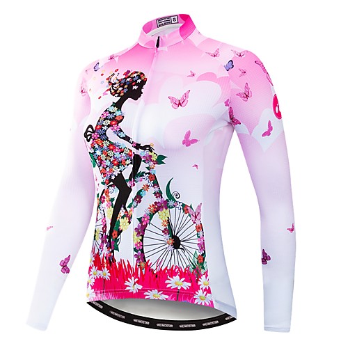 

21Grams Floral Botanical Women's Long Sleeve Cycling Jersey - Pink Bike Jersey Top UV Resistant Breathable Quick Dry Sports Winter Elastane Terylene Polyester Taffeta Mountain Bike MTB Road Bike