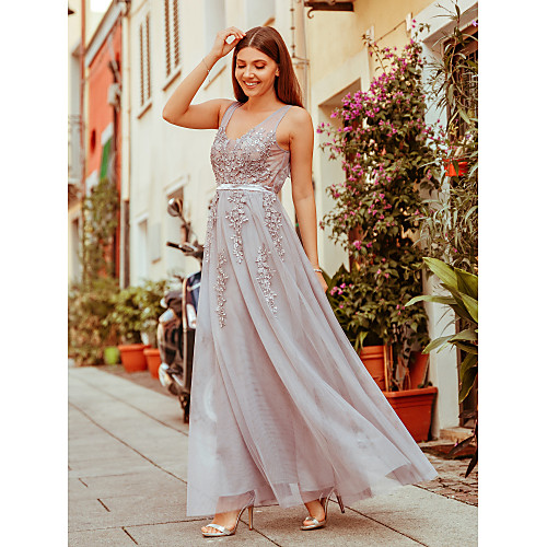 

A-Line Elegant See Through Prom Dress V Neck Sleeveless Floor Length Spandex Tulle Beaded Lace with Sash / Ribbon Beading Tier 2021