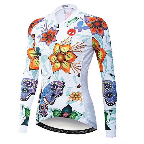 

21Grams Floral Botanical Women's Long Sleeve Cycling Jersey - White Bike Jersey Top UV Resistant Breathable Quick Dry Sports Winter Elastane Terylene Polyester Taffeta Mountain Bike MTB Road Bike