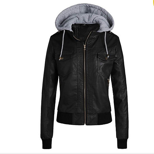 

Women's Daily Basic Fall & Winter Short Jacket, Solid Colored Hooded Long Sleeve PU Brown / Black / Light Brown