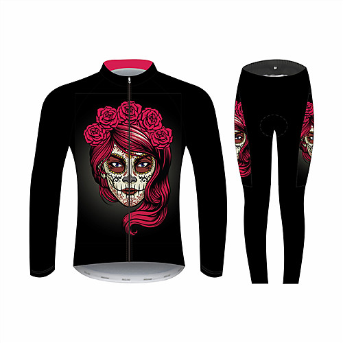 

21Grams Sugar Skull Women's Long Sleeve Cycling Jersey with Tights - Black / Red Bike Clothing Suit Windproof UV Resistant Breathable Sports Winter 100% Polyester Mountain Bike MTB Clothing Apparel
