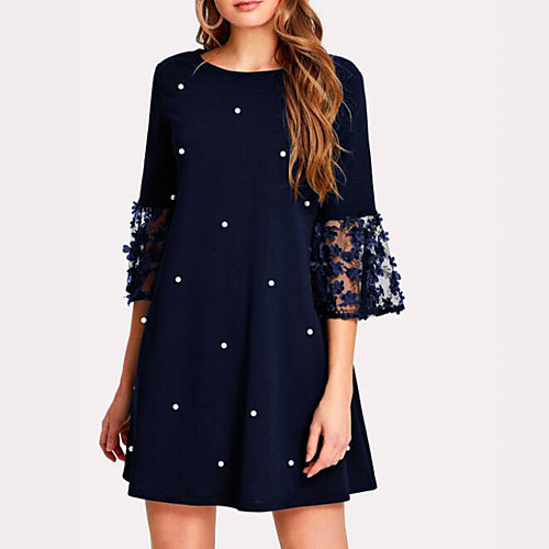 

Women's Shift Dress - 3/4 Length Sleeve Solid Colored Lace Patchwork Elegant Belt Not Included Slim Black Red Navy Blue S M L XL XXL XXXL XXXXL XXXXXL