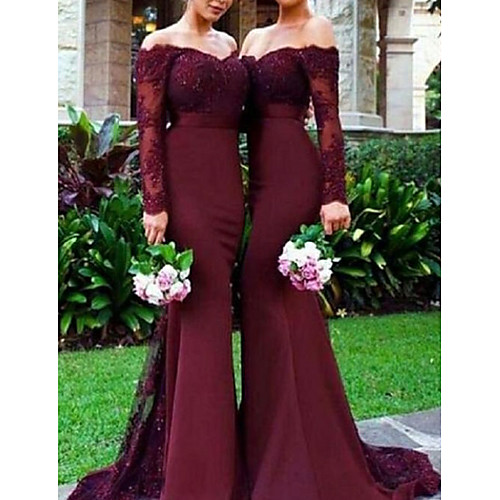 

Mermaid / Trumpet Off Shoulder Sweep / Brush Train Chiffon / Lace Bridesmaid Dress with Lace