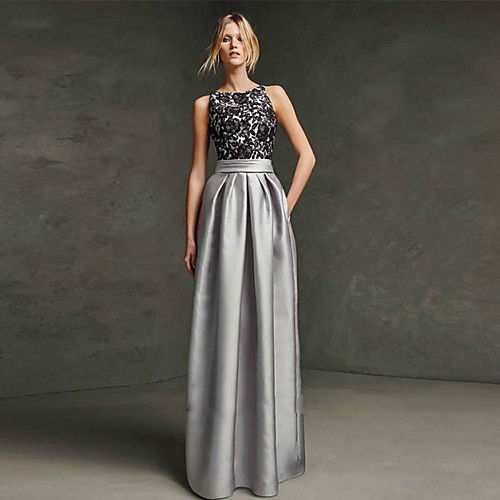 

A-Line Beautiful Back Elegant Formal Evening Dress Jewel Neck Sleeveless Floor Length Lace Jersey with Sash / Ribbon Pleats 2021
