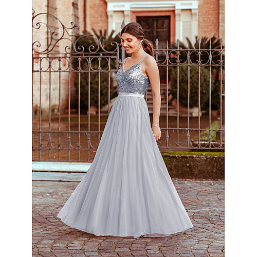 

A-Line Elegant Cute Prom Dress V Neck Sleeveless Floor Length Nylon Tulle Sequined with Sequin 2021