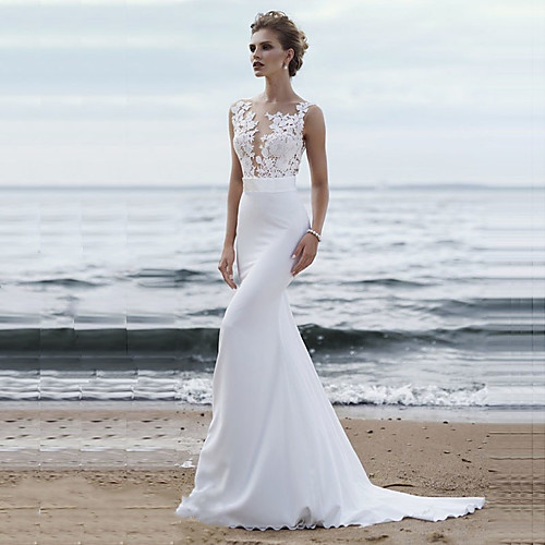 

Mermaid / Trumpet Wedding Dresses Jewel Neck Chapel Train Chiffon Lace Regular Straps Mordern See-Through with Sashes / Ribbons Appliques 2021