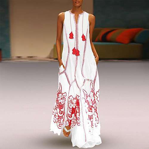 

Women's Maxi Shift Dress - Sleeveless Geometric V Neck Red S M L XL XXL XXXL