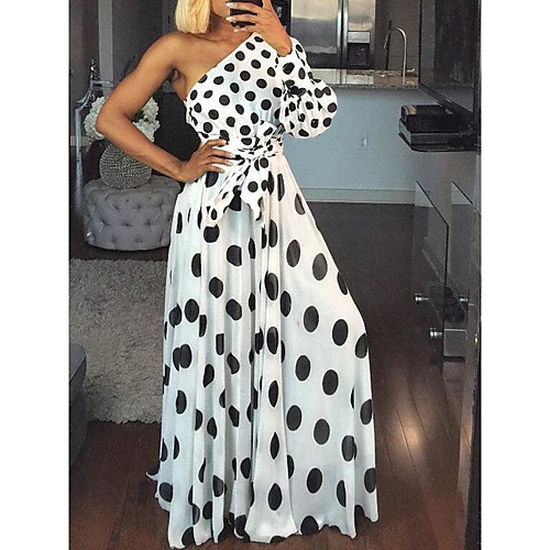 

Women's Swing Dress Maxi long Dress White Long Sleeve Polka Dot Print Summer One Shoulder Sexy 2021 S M L XL
