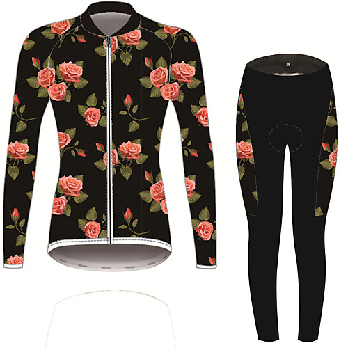 

21Grams Floral Botanical Women's Long Sleeve Cycling Jersey with Tights - Black / Red Bike Clothing Suit UV Resistant Breathable Quick Dry Sports Winter Spandex Mountain Bike MTB Road Bike Cycling