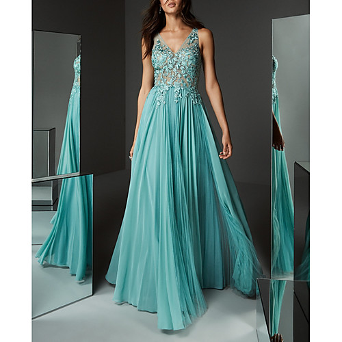 

A-Line Elegant Formal Evening Dress Plunging Neck Sleeveless Floor Length Chiffon Lace with Pleats Appliques 2020