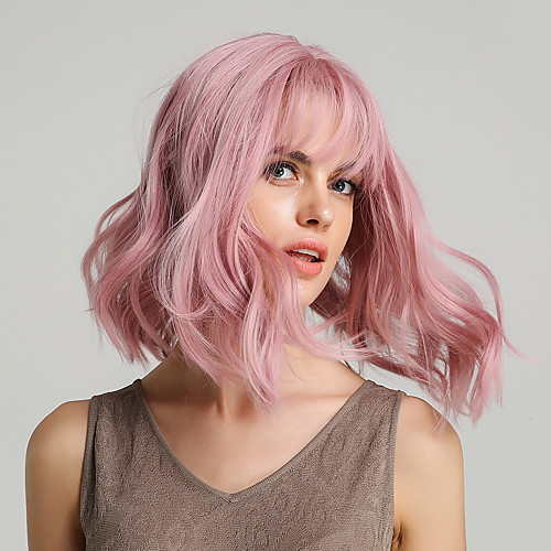 

Synthetic Wig Body Wave Bouncy Curl Bob Asymmetrical Neat Bang Wig Pink Medium Length Pink Synthetic Hair 12 inch Women's Life Synthetic Natural Hairline Pink HAIR CUBE / For Black Women
