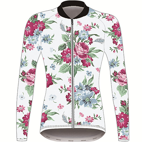 

21Grams Floral Botanical Women's Long Sleeve Cycling Jersey - Red / White Bike Jersey Top UV Resistant Breathable Quick Dry Sports Winter Fleece 100% Polyester Mountain Bike MTB Road Bike Cycling