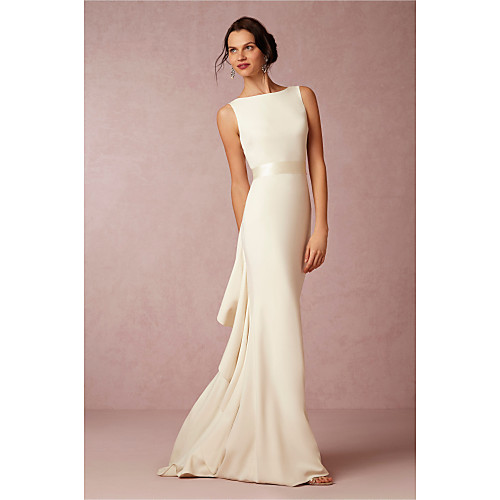 

Sheath / Column Wedding Dresses Bateau Neck Sweep / Brush Train Satin Regular Straps Vintage Sparkle & Shine with Draping 2020