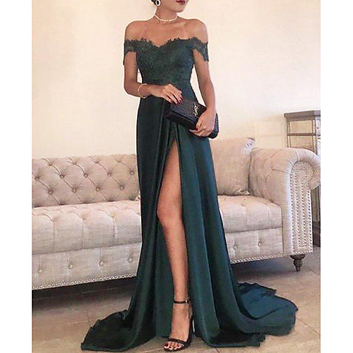 

Sheath / Column Empire Engagement Formal Evening Dress Off Shoulder Short Sleeve Court Train Chiffon Lace with Appliques Split Front 2021