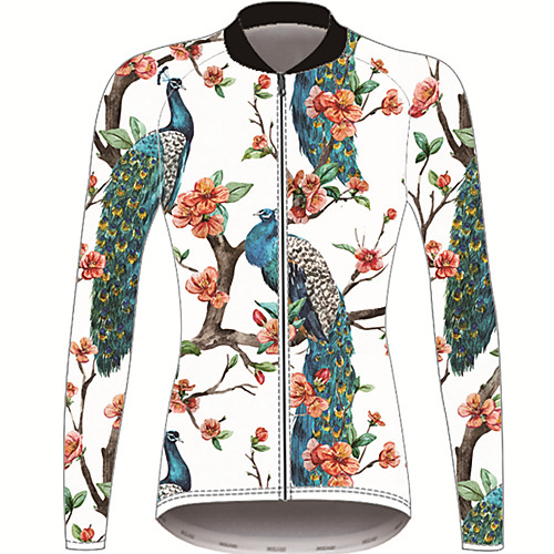 

21Grams Floral Botanical Peacock Women's Long Sleeve Cycling Jersey - Red and White Bike Jersey Top UV Resistant Breathable Quick Dry Sports Winter Fleece 100% Polyester Mountain Bike MTB Road Bike