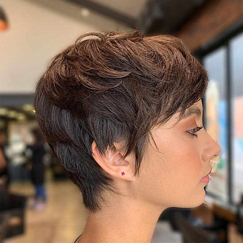 

Human Hair Wig Short Straight Natural Straight Bob Pixie Cut Layered Haircut Asymmetrical Brown Life Easy dressing Comfortable Capless Women's All Brown Natural Black 8 inch / Natural Hairline