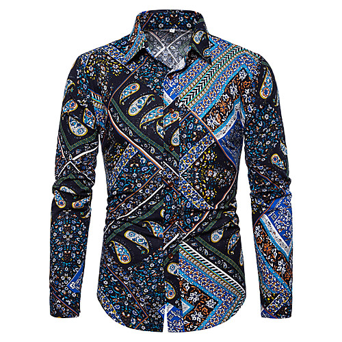 

Men's Color Block Graphic Print Shirt - Linen Elegant Street chic Casual Daily Wear Navy Blue / Long Sleeve