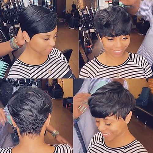 

Human Hair Blend Wig Short Straight Natural Straight Bob Pixie Cut Layered Haircut Asymmetrical White Brown Cosplay Cool Curler & straightener Capless Women's All Natural Black #1B Strawberry