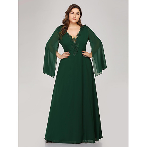 

A-Line Plus Size Wedding Guest Formal Evening Dress V Neck Long Sleeve Floor Length Chiffon Corded Lace with Appliques 2021