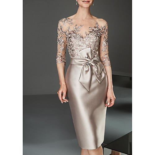 

Sheath / Column Mother of the Bride Dress Elegant Plus Size See Through Bateau Neck Knee Length Satin Tulle Half Sleeve with Beading Ruffles 2020