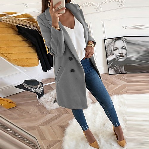 

Women's Daily Long Coat, Solid Colored Turndown Long Sleeve Polyester Black / Yellow / Blue