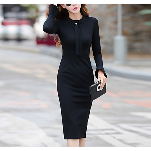 

Women's Sheath Dress - Long Sleeve Solid Colored Elegant Black Blue S M L XL XXL