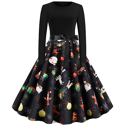 

christmas vintage dress, women elegant long sleeve print dresses - o neck xmas evening party swing dress