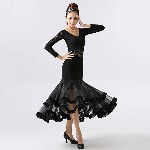 

Ballroom Dance Dress Lace Ruching Split Joint Women's Training Performance Long Sleeve Chinlon Spandex