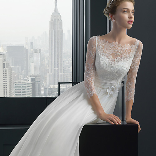 

A-Line Wedding Dresses Bateau Neck Sweep / Brush Train Chiffon Lace 3/4 Length Sleeve Sexy Plus Size with Lace 2020