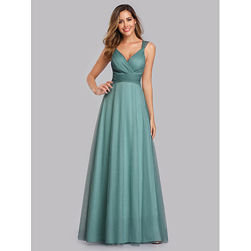 

A-Line Empire Elegant Prom Formal Evening Dress V Neck Sleeveless Floor Length Chiffon Tulle with Pleats Sequin 2021