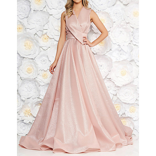 

A-Line Elegant Prom Formal Evening Dress V Neck Sleeveless Court Train Satin with Criss Cross Pleats 2021