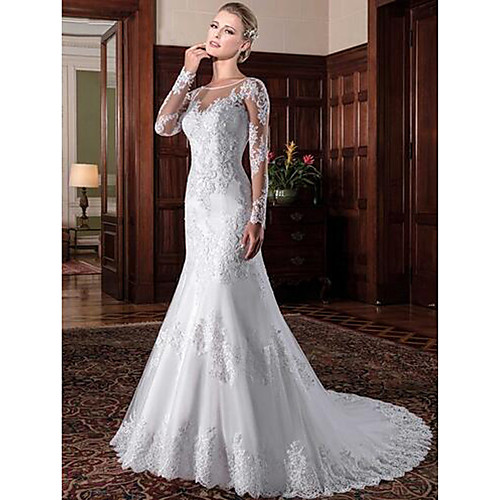 

Mermaid / Trumpet Wedding Dresses Jewel Neck Chapel Train Lace Tulle Lace Over Satin Long Sleeve Formal See-Through Sexy Beautiful Back with Lace Pearls 2020 / Bell Sleeve