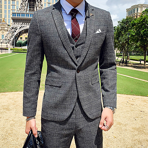 

Blue / Chocolate / Gray Checkered Slim Fit Polyester Suit - Notch Single Breasted One-button / Suits