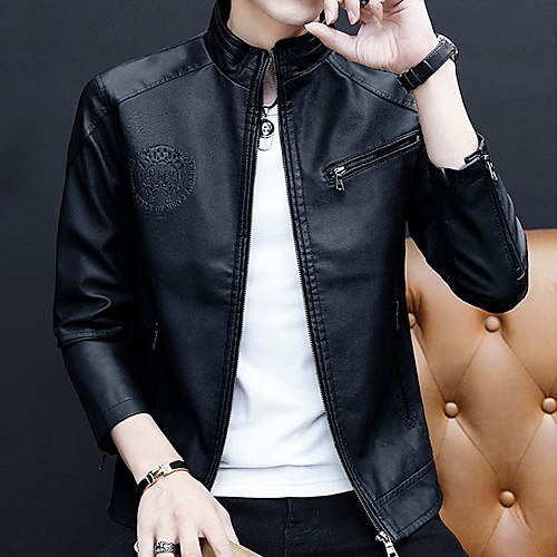 

Men's Solid Colored Winter Faux Leather Jacket Regular Daily Long Sleeve PU Coat Tops Black