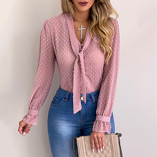 

Women's Plus Size Blouse Shirt Solid Colored Long Sleeve Embroidered Bow V Neck Tops Basic Streetwear Basic Top White Black Blushing Pink