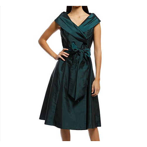 

A-Line Mother of the Bride Dress Plus Size V Neck Tea Length Taffeta Sleeveless with Sash / Ribbon Bow(s) 2021