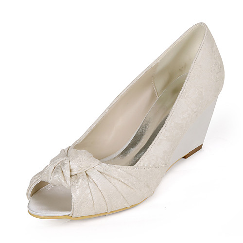 

Women's Wedding Shoes Plus Size Wedge Heel Peep Toe Minimalism Wedding Party & Evening Lace Floral White Light Purple Ivory