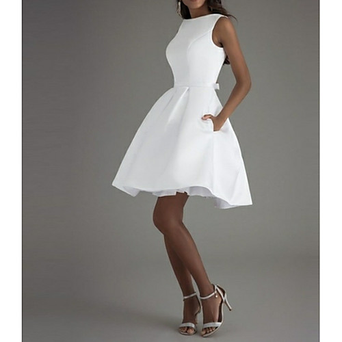 

A-Line Minimalist White Graduation Cocktail Party Valentine's Day Dress Boat Neck Sleeveless Knee Length Polyester with Bow(s) Pleats 2021