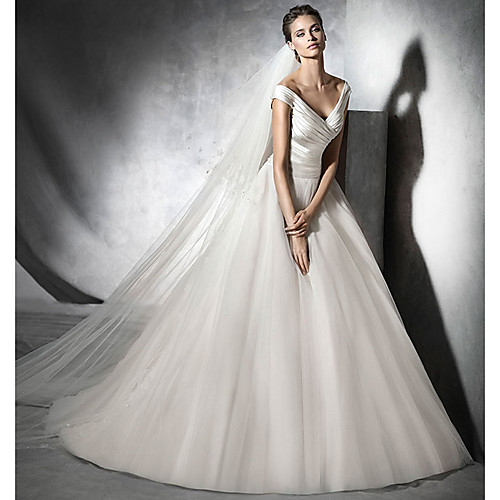 

A-Line Wedding Dresses V Neck Sweep / Brush Train Satin Tulle Cap Sleeve Simple Elegant with Ruched 2021