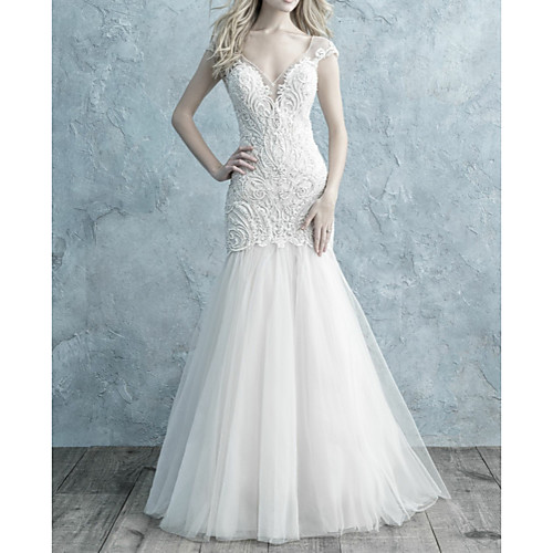 

Mermaid / Trumpet Wedding Dresses V Neck Sweep / Brush Train Lace Tulle Cap Sleeve Glamorous Sexy Sparkle & Shine Backless with Buttons Beading 2021