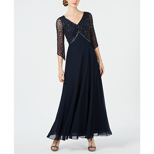 

A-Line Mother of the Bride Dress Sparkle & Shine V Neck Ankle Length Chiffon Tulle 3/4 Length Sleeve with Beading 2021