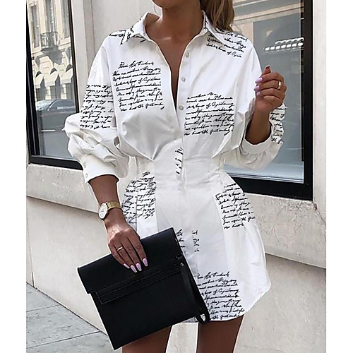 

Women's Asymmetrical A Line Dress - Long Sleeve Letter Shirt Collar Elegant White S M L XL