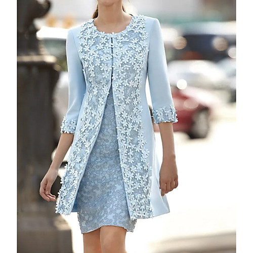 

Women's Two Piece Dress - 3/4 Length Sleeve Solid Colored Blue M L XL XXL XXXL