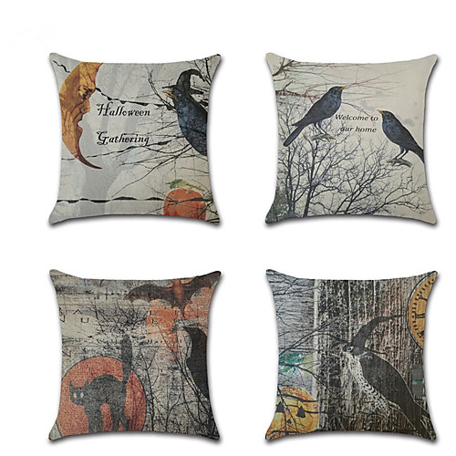 

4 pcs Linen Pillow Cover, Cartoon Bird European Halloween Throw Pillow