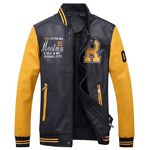

Men's Daily Fall & Winter Regular Leather Jacket, Color Block Stand Long Sleeve PU White / Yellow / Blue