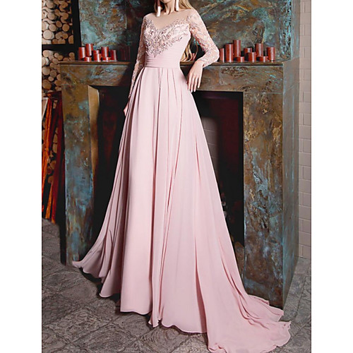 

A-Line Luxurious Engagement Formal Evening Dress Illusion Neck Long Sleeve Court Train Chiffon with Appliques 2021