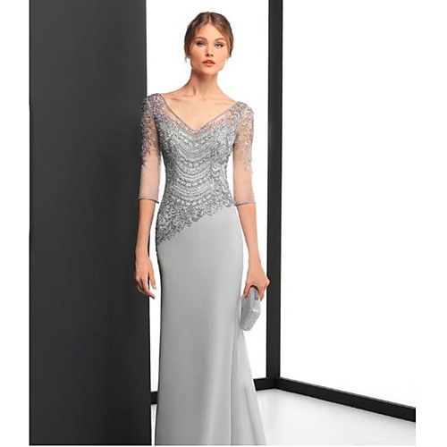 

Sheath / Column Elegant Formal Evening Dress V Neck Half Sleeve Floor Length Chiffon with Appliques 2021